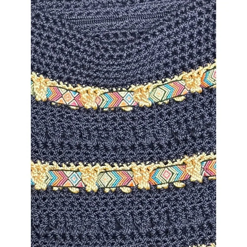The Sak Navy Crochet Shoulder Tote Bag Boho Tribal Stripe Large